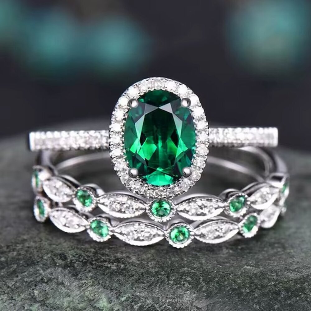 14k White Gold Diamond Emerald Ring Band Set of 3 Rings